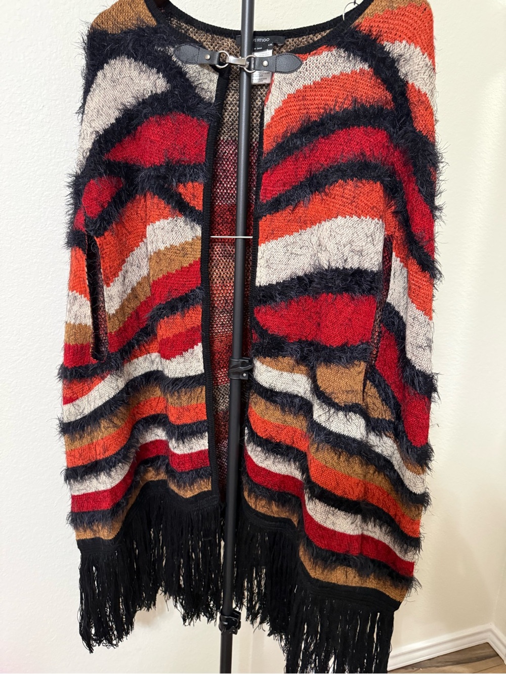 Red Black Tan Striped Fringe Open Poncho